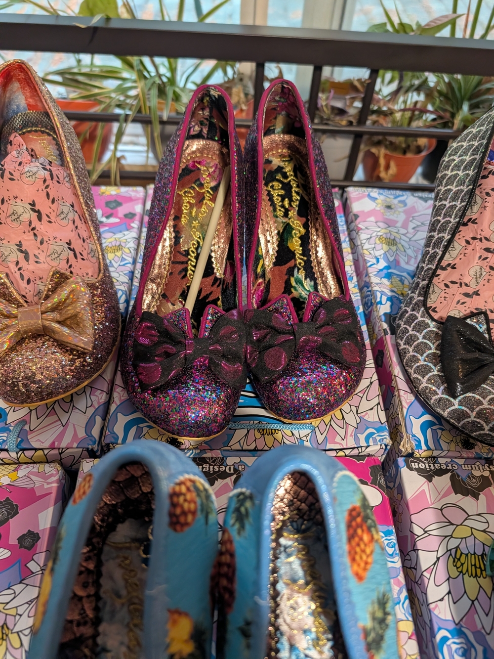 Irregular Choice Multi-Glitter Bow Heels in Purple and Black 42